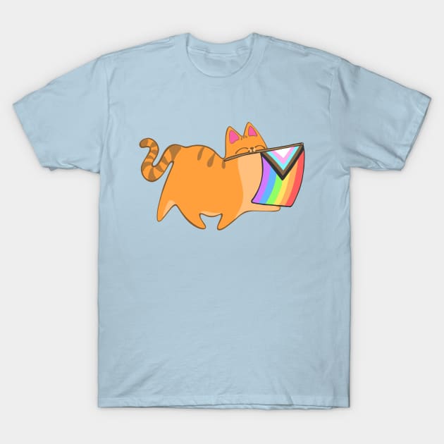 Pride Progress Flag Cat Rainbow LGBTQIA Chibi Orange Tabby Cat T-Shirt by BluVelvet